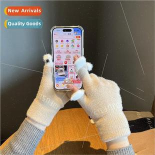 gloves female winter Open warm woolen cycling thicken finger