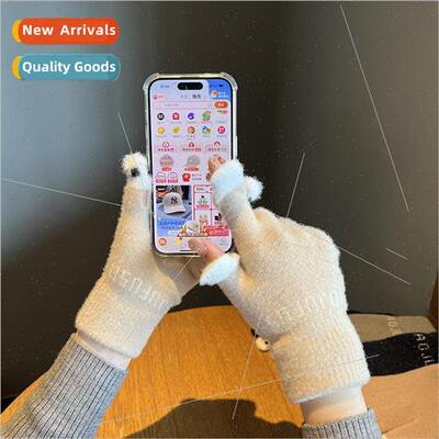Open finger woolen gloves female winter cycling warm thicken