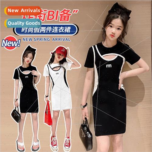 Girls short-sleeved Slim thin T-shirt dress hollow design se
