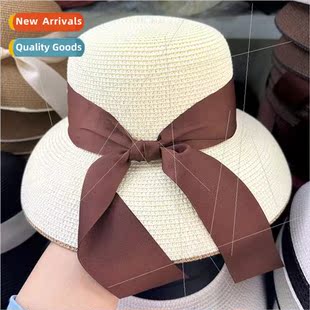 bow bent outdoor Hepburn leisure hat ribbon straw New brim