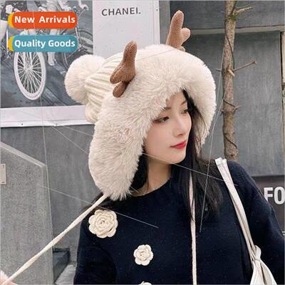 Winter hat female Korean cute antlers hairball ear protectio