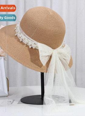 Elegant pearl fluttering straw hat female summer bow sun hat