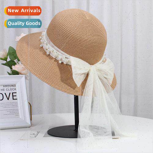 Elegant pearl fluttering straw hat female summer bow sun hat