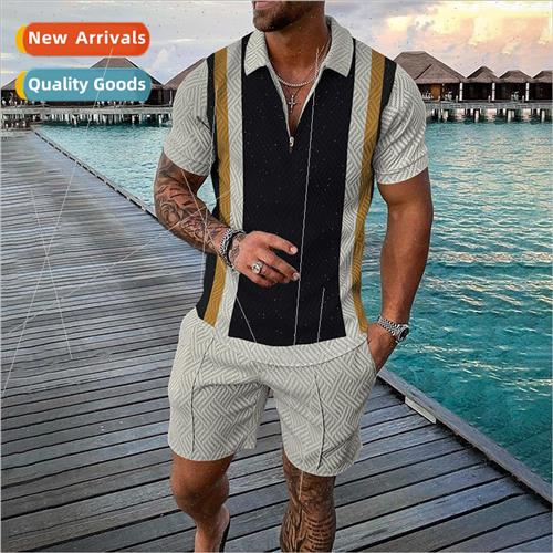 Fashion zipper mesh POLO shirt suit 3D printing fashion Slim