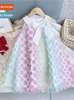 Girls childrens colorful flowers dress 2023 summer new baby