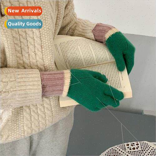 Gloves female autumn and winter color collision warm wool kn