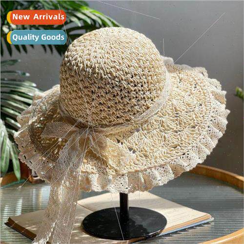 Lace edge foldable straw hat female summer hand-woven hollow