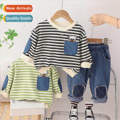 2023 fall new striped bear pocket two-piece cartoon suit 1-5