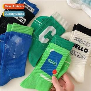 socks womens splicing fake ins letter two length Spring mid