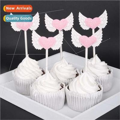 New  Cake decoration insert angel wings Radiant pink heart B