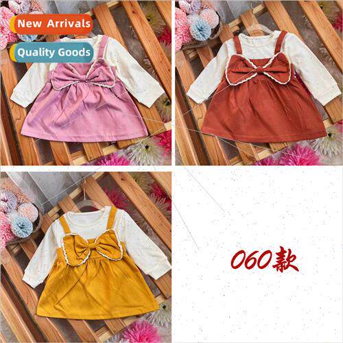 Autumn girls cute bow dress new fake two pieces back with lo