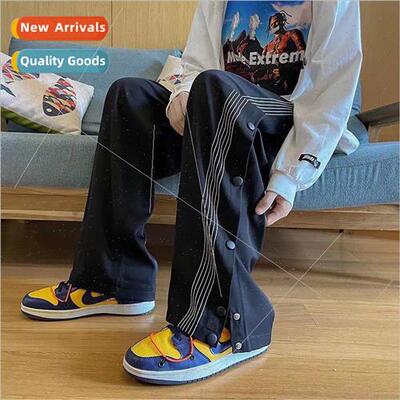 Buckle sweatpants men high set casual straight pants loose w