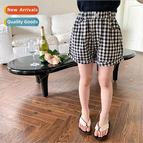 Girls baby 2023 summer new black and white plaid rolled shor