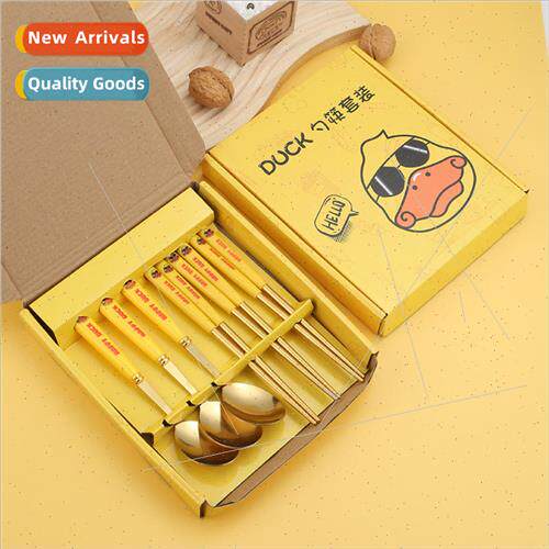 Cartoon yellow duck stainless steel spoon chopsticks gift se