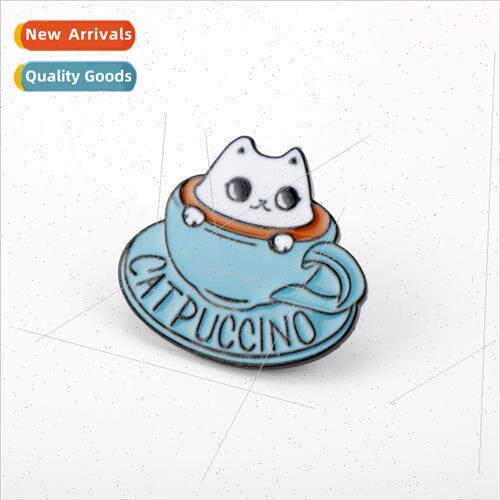 Cat Puccino Coffee Cup Kitty Brooch Cartoon Cute Oil Drip Ba