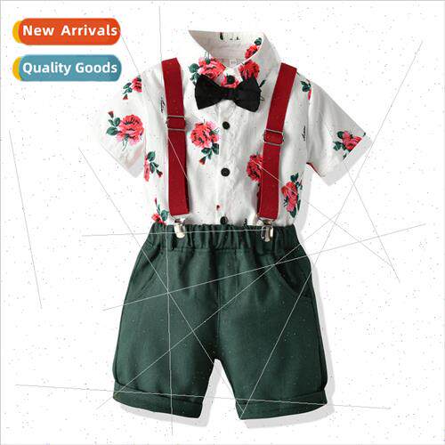 New backpack childrens suit summer boys printed bow shirt sh