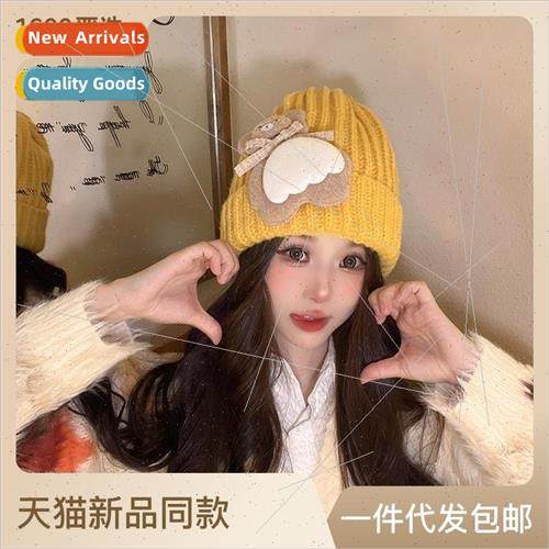 2023 new cute bear label solid color wool cap female autumn