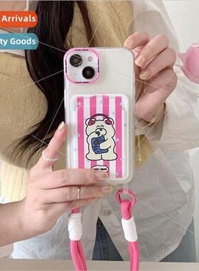 Cartoon Bear Pink White Stripe Card Case 适用 iPhone 13 Appl