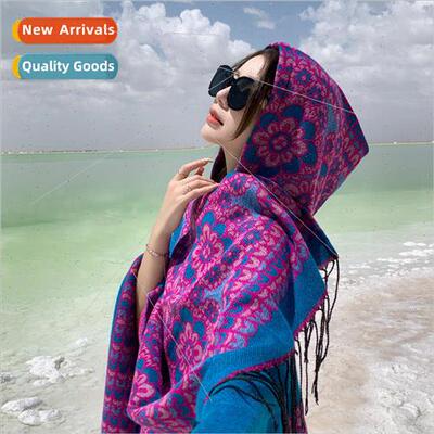 Travel travel jacquard long fringe hooded cape shawl oversiz