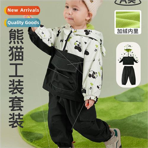 2023 winter new childrens suit boys panda full print workwea