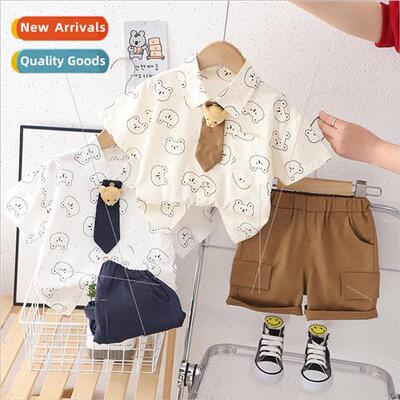 2023 Summer New Handsome Tie Bear Shirt Short Sleeve Cartoon