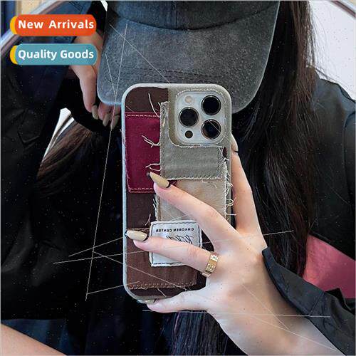 适用 Apple 14Pro red and brown canvas patchwork xr case ipho