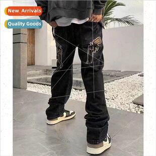 American retro embroidery small gun high-waisted jeans men a
