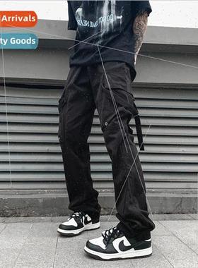 Wind high set strappy black work pants men ins national Brit