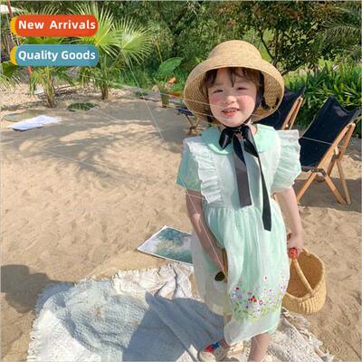 Childrens dress 2022 summer new Korean retro mint green embr