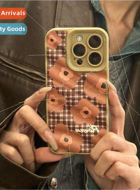 Korean  ins brown plaid flowers 适用 iPhone 14 niche 13ProMa