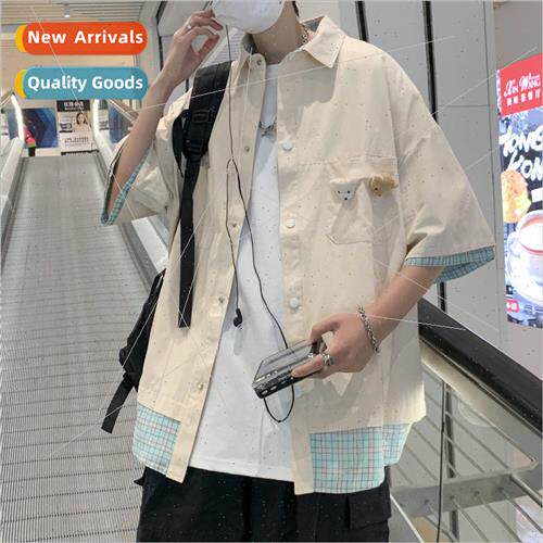 Fake two-piece short-sleeved shirt mens summer nd ins loose