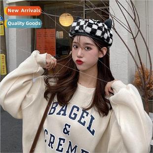winter female cute Hat plaid and checkerboard cashmere fall