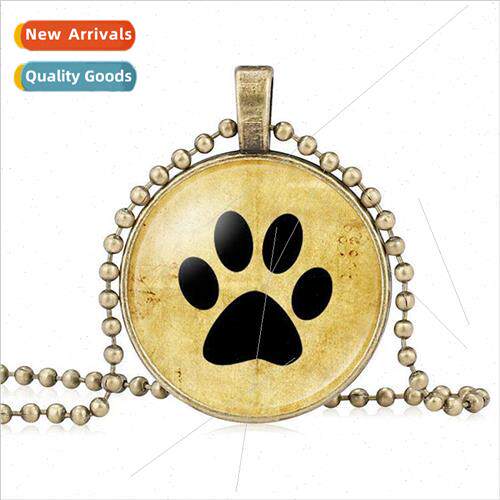 Bear Paw Dog Footprints Time Gemstone Glass Pendant Necklace