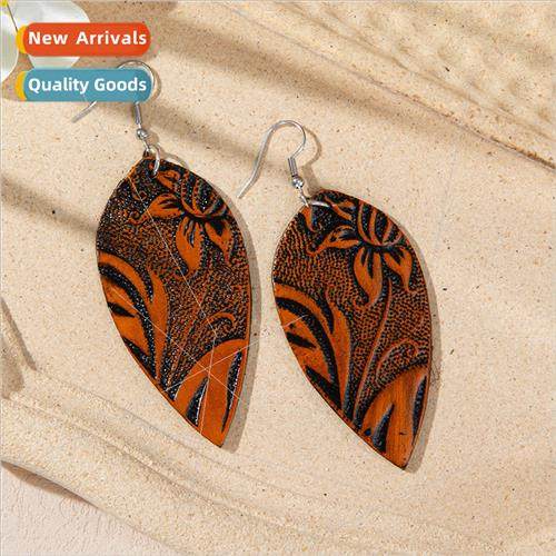 mple Retro Earrings Ethnic Style Geometric Carved Leather Ea