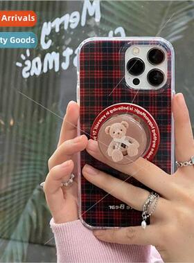 Vintage Burgundy Check iPhone 13 Bear Magnetic Stand 14ProMa
