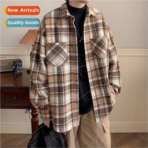 Jacket mens sweater tweed plaid Japanese autumn retro loose