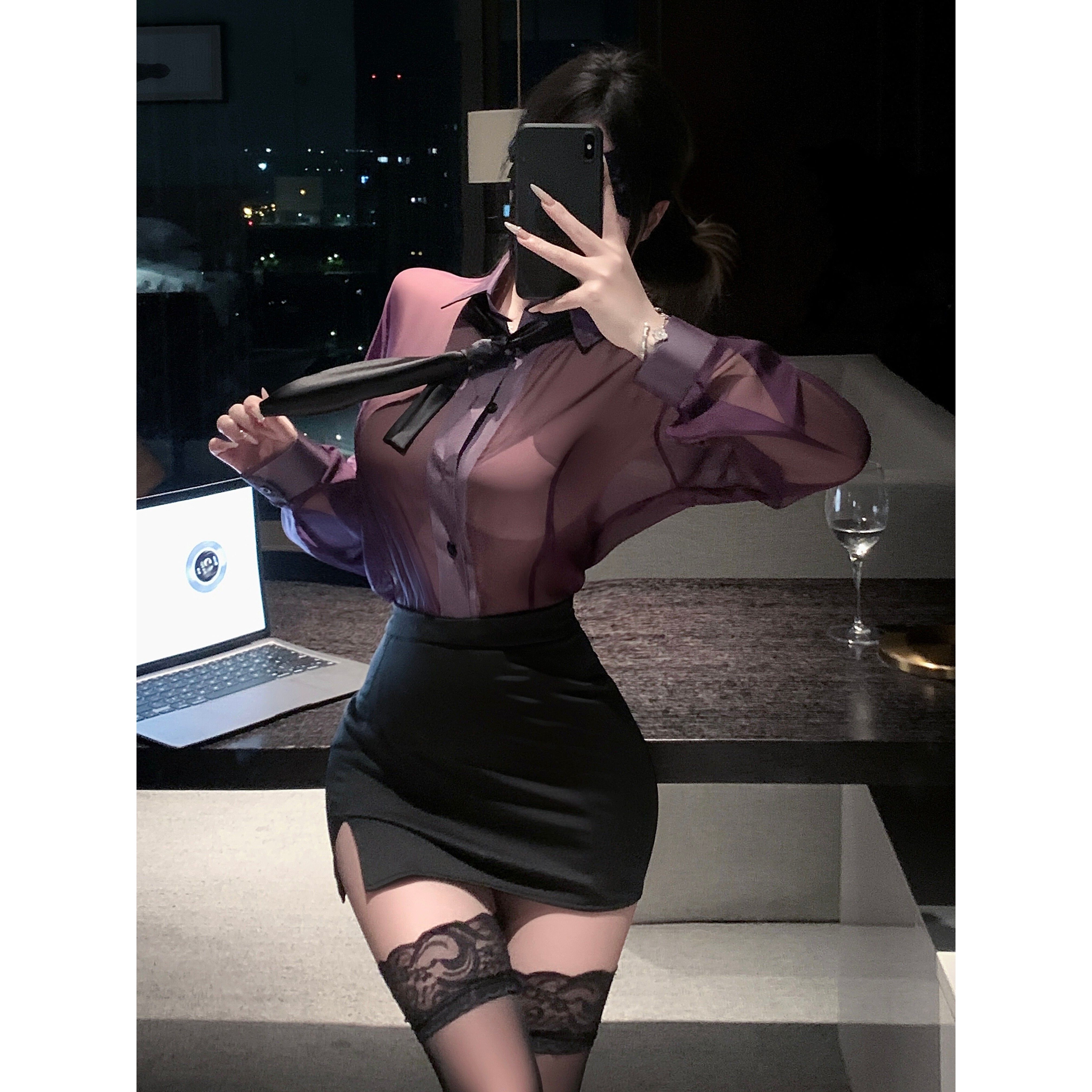 性感风紫色衬衫包臀裙套装女秘书制服御姐风职场角色扮演情调战袍