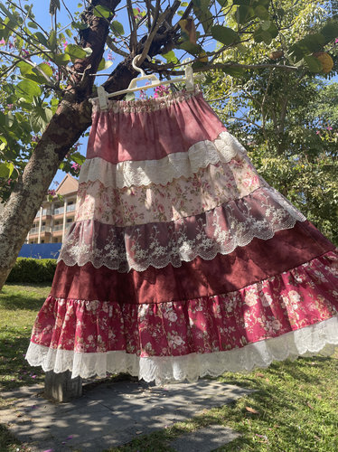 GFMin原创手作拼接圣诞复古小清新田园风多节裙森系百搭休闲