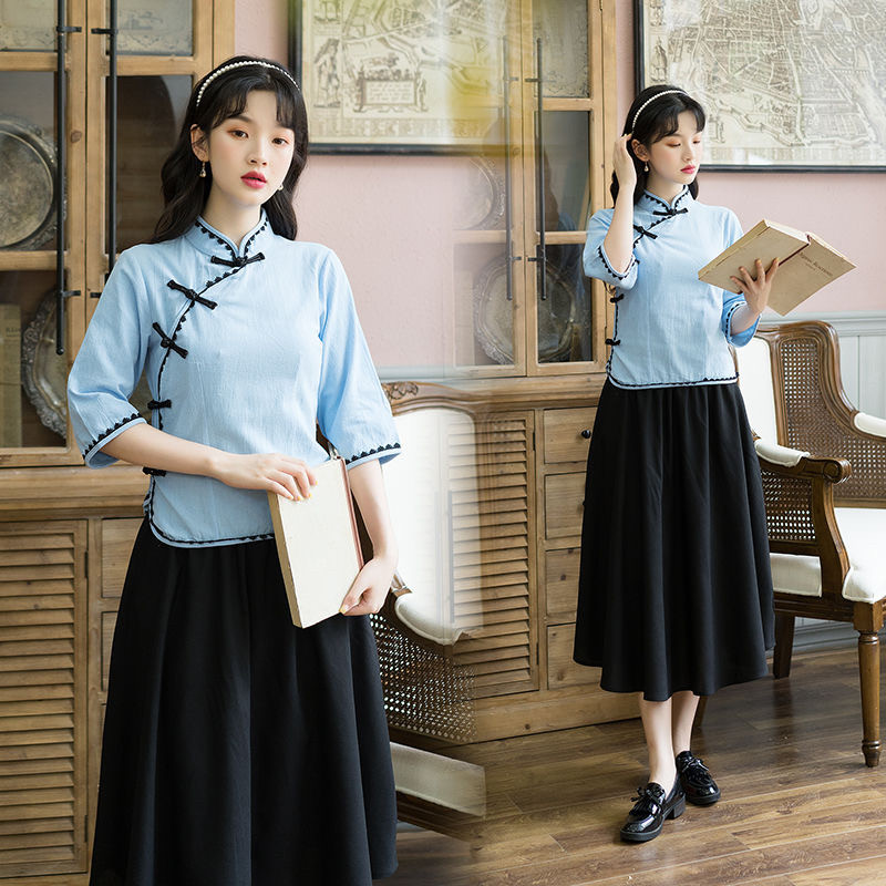 汉服民国风女装学生毕业班服复古棉麻改良旗袍茶服青年节套装