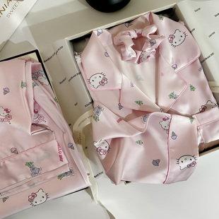 桑蚕丝卡通Kitty凯蒂猫真的睡衣女可爱家居服送闺蜜生日礼物盒装