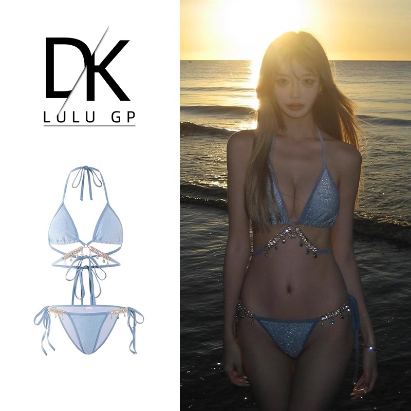 DK性感链条泳衣女款绝美泡温泉高级感小胸聚拢度假分体比基尼泳装