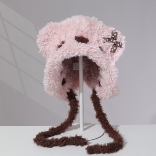 帽子女秋冬可爱小熊毛绒套头帽显脸小时尚百搭保暖护耳学生包头帽