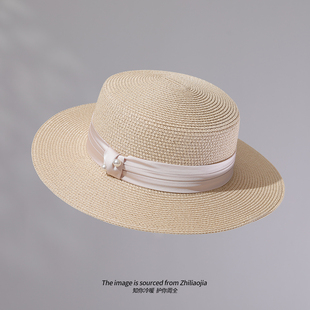 洋气米色三折带平顶帽草编帽子夏珍珠遮阳防晒帽女英伦礼帽草帽女
