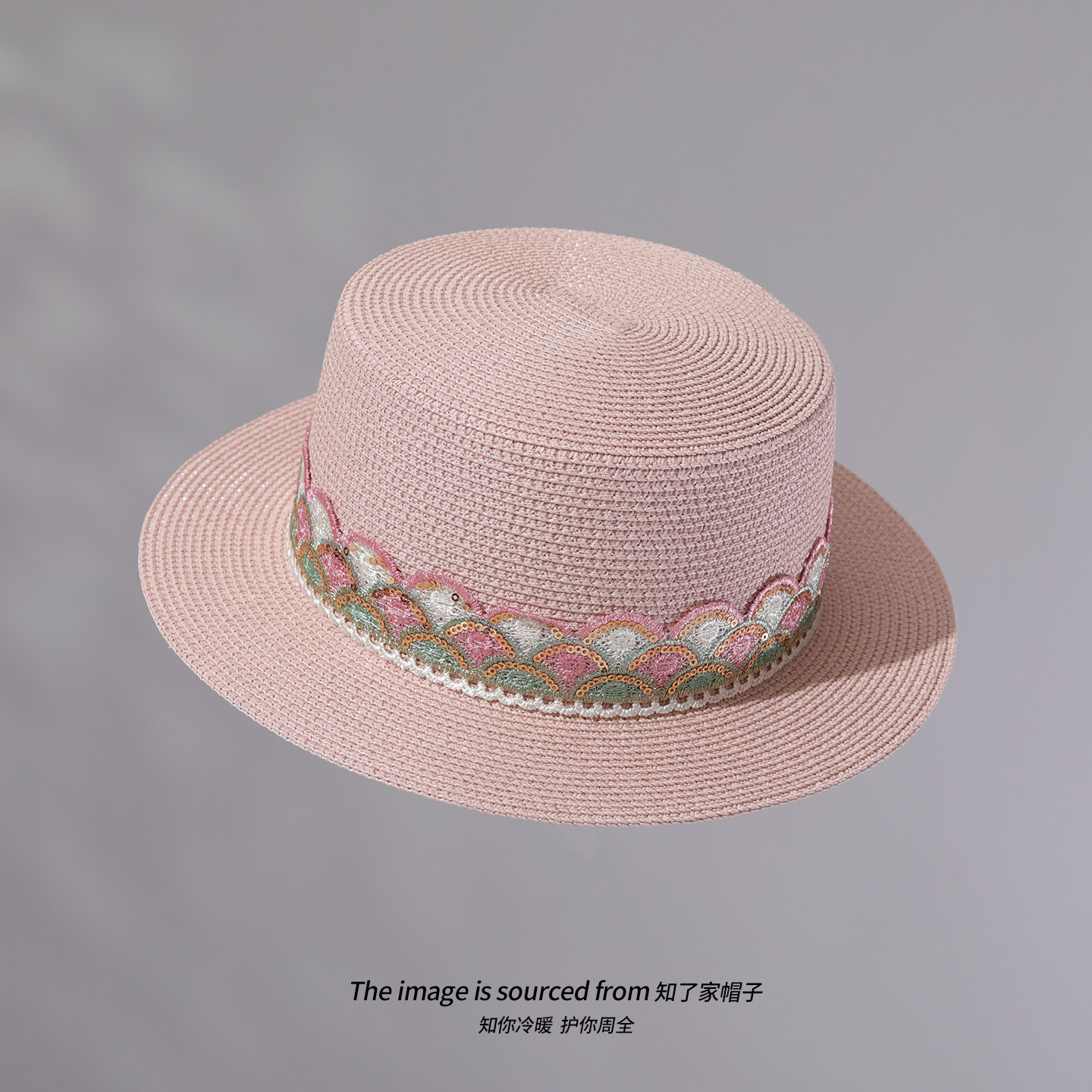 粉色小清新平顶帽女夏草帽度假花朵时尚沙滩帽防晒遮阳帽英伦礼帽
