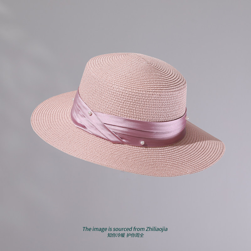 法式平顶帽草帽女英伦粉色宽沿礼帽粉色草编帽子出游遮阳帽沙滩帽