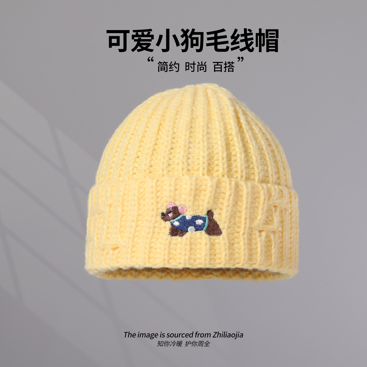 黄色可爱卡通暖糯小狗针织帽韩系个性刺绣腊肠狗斑点狗毛线帽女冬