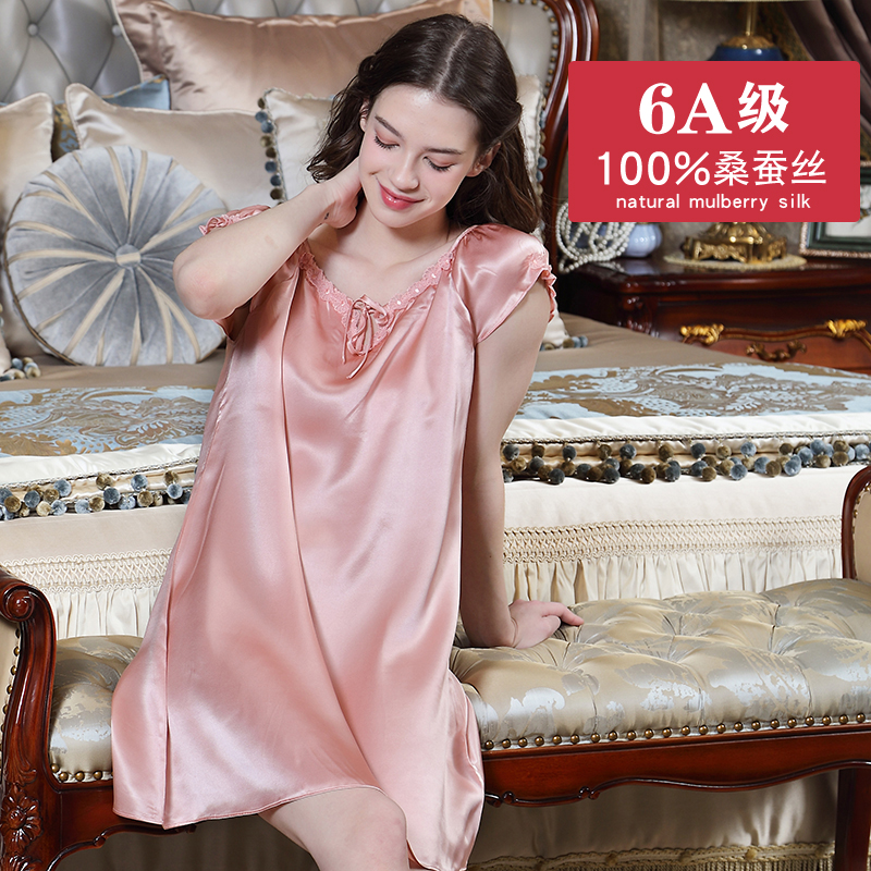 杭州丝绸100%桑蚕丝女士睡衣夏季薄款睡裙女式真丝宽松高档家居服