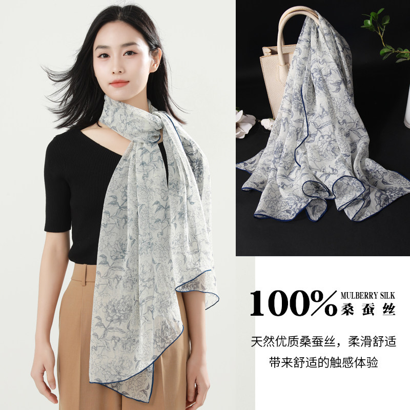 100%桑蚕丝印花长款丝巾女秋冬季薄款百搭真丝防晒围脖妈妈长围巾