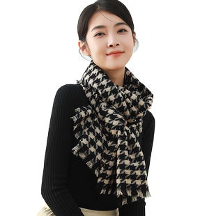 千鸟格纯羊毛围巾女2026新款冬季经典格子100羊绒围脖高级感黑白