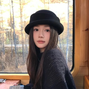 北国来信~民国风复古黑色小礼帽女秋冬仿羊毛渔夫帽赫本风小盆帽